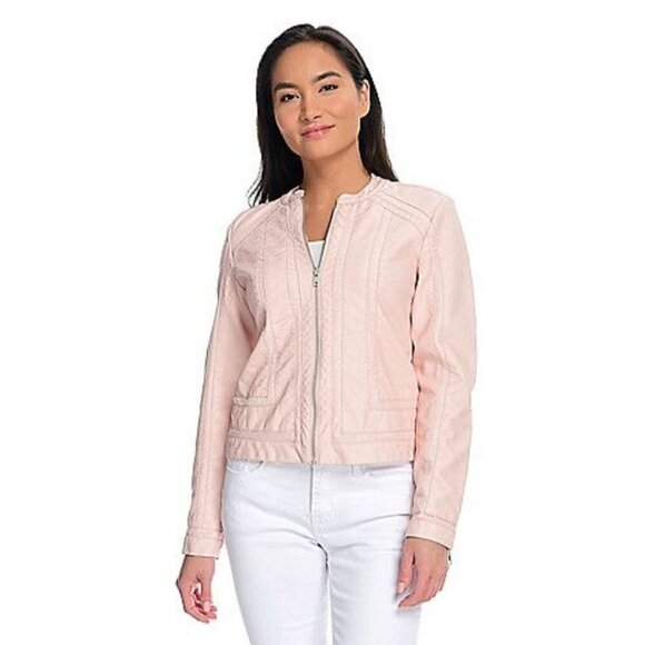 Kate & Mallory Pink Faux Leather Mandarin Collar Zip Jacket Size 1X - Picture 1 of 8